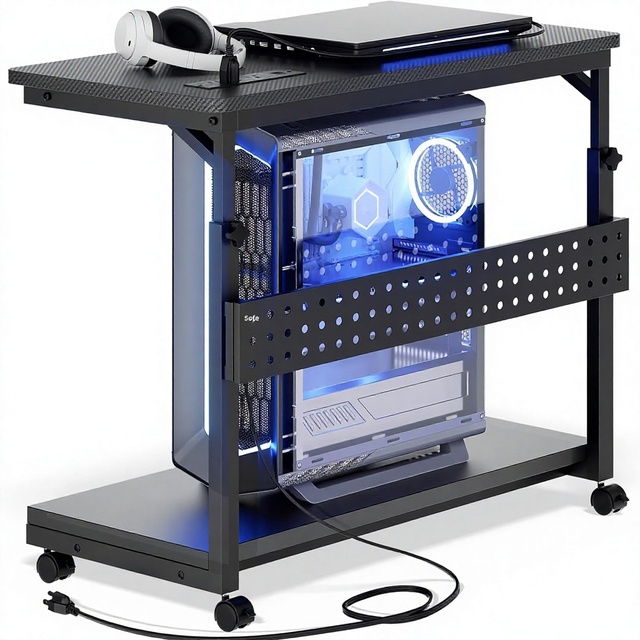 4-Level Manual Height Adjustable Computer Tower Stand Power Strips Carbon Fiber Black-under Desk Mobile Rolling Cart