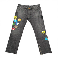 Jeans en denim pour hommes, coupe slim, noir délavé, imprimé boules de billard, jambe droite épaisse, en denim selvedge, personnalisables OEM