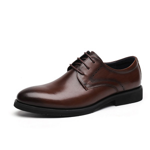 Zapatos de vestir de color liso con cordones y punta puntiaguda de cuero genuino marrón, suela de goma para todas las estaciones, envío directo - Product Image 1