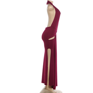 Viviblook Z0127DS Nouvelles Robes pour Femmes Élégantes et Sexy, Col Halter, Décolleté Profond en V, Dos Nu, Fendue, Couleur Unie, Robe Longue de Soirée - Product Image 5
