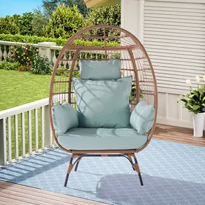 Free Shipping Wicker Egg Chair Oversized Indoor Outdoor Lounger For Patio Backyard Living Room W/ 5 Cushions Steel Frame