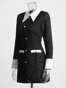 2024 nouvelle conception de niche blanc revers métal bouton Sequin <span class=keywords><strong>robe</strong></span> <span class=keywords><strong>noire</strong></span> vêtements pour femmes serré rétro Sexy élégant robes pour femmes - Product Image 2