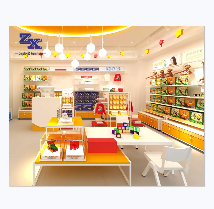 Estante de exibição de loja infantil, prateleira colorida de design de interior de brinquedos