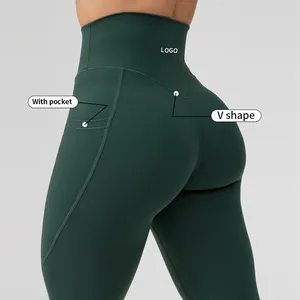 Custom Sport Yoga Broek Hoge Taille Stretch Scrunch Butt Lift V Back Leggings Met Zakken Workout Gym Yoga Legging Voor Vrouwen