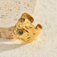 Neuer Stil 18k Vergoldeter Edelstahl Vintage Naturstein Polierter Breiter Offener Ring für Damen