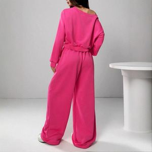 Completo sportivo casual da donna a tinta unita, con felpa scollo a barca e pantaloni larghi con coulisse, modello primaverile semplice e ampio - Product Image 3