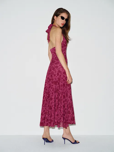 High Quality Elegant Women's Cowl Neck Print <b>Backless</b> Slit Party <b>Dress</b> for Summer Vacation - Product Image 2