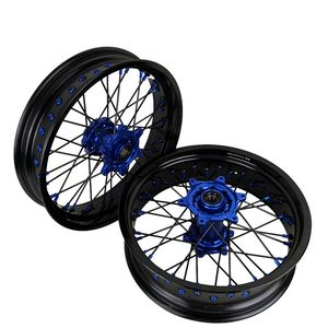 Ensemble de roues Supermoto de 17 pouces pour Yamaha YZ 2008 à <span class=keywords><strong>2016</strong></span> <span class=keywords><strong>Fantic</strong></span> XE 2024, jantes noires, moyeu bleu, rayons noirs, embouts bleus - Product Image 5