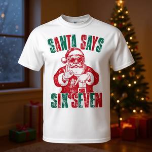 Camiseta navideña con estampado rojo y verde de Santa Says Six Seven, diseño festivo - Product Image 3