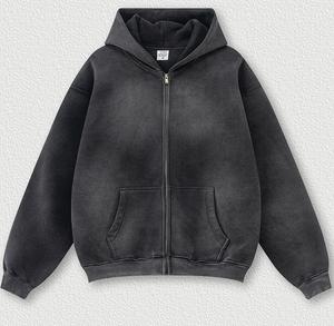 Erkekler için Kışlık Sokak Giyim Baskılı İpsiz Özel Fermuarlı Vintage Çift Katmanlı Güneşte Solmuş Eskitme Görünümlü Kapüşonlu Sweatshirt - Product Image 1