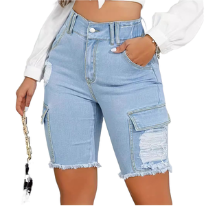 PD08499 Pantalones Cortos Vaqueros Casuales de Verano de Color Sólido con Bolsillos, Desgastados y de Corte Recto, Estilo Europeo Americano, de Gran Venta, de Talle Alto - Product Image 1