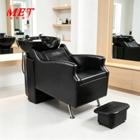 Fauteuil de lavage professionnel avec évier en céramique, unité de lavage de cheveux en cuir PU noir avec repose-pieds pour salon de coiffure