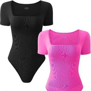 Combinaison côtelée d'été pour femme, col carré, manches courtes, extensible, décontractée, style yoga, coupe ajustée - Product Image 2