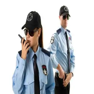新设计高品质定制蓝色棉质保安制服长袖衬衫配肩章