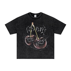 T-shirt en coton surdimensionné pour homme avec imprimé cerise, style streetwear, col rond, manches courtes, jersey lavé - Product Image 2