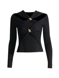 เสื้อยืดแขนยาวผ้าตาข่ายสีแดงกับตะขอโลหะสำหรับเด็กผู้หญิงดีไซน์ใหม่สำหรับฤดูใบไม้ผลิฤดูร้อน - Product Image 4