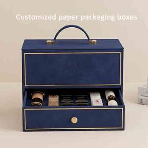 Caja de Embalaje Premium Personalizada Azul con Doble Cajón, Logotipo en Lámina Dorada y Asa para Productos de Cuidado de la Piel o Chocolates - Product Image 1