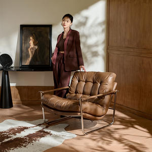 Sillón Individual Nórdico Retro de Cuero Genuino, Estructura Inclinable y Cómoda, Chaise Longue para Sala de Estar - Product Image 3