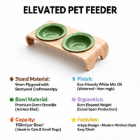 Support surélevé portable en bois massif pour gamelles de chat, double gamelle en céramique verte pour animaux de compagnie, plats surélevés en bois courbé pour nourriture et eau pour chiens, vente en gros
