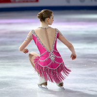 Robe de patinage artistique rose vif à manches longues en maille avec jupe à franges en strass pour enfants et adultes, pour compétition et performance de patinage sur glace