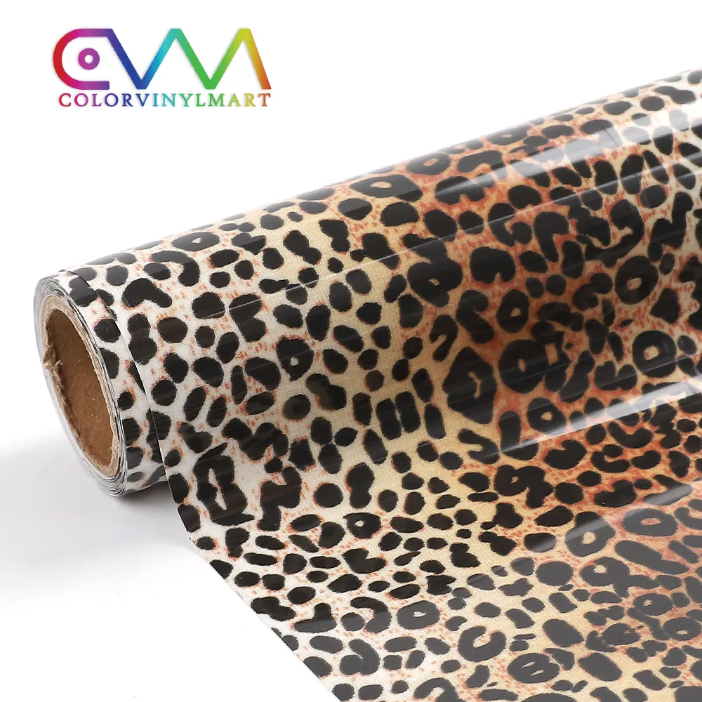 Gran oferta Htv rollos de Pvc de leopardo de cuero negro blanco Beige Impresión de transferencia de calor película de vinilo para textil tela camiseta