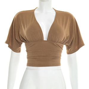 Viviblook Y26TP062 New Women Summer T-<b>shirt</b> Deep V-Neck High Waisted <b>Patchwork</b> Drop Shoulder Short Sleeved Top for Ladies - Product Image 5