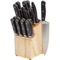 Kookmessenset met gepersonaliseerd logo, scherp roestvrijstalen messen, modern ABS-handvat, gesmeed, met houten blok
