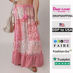 กระโปรงแม็กซี่เอวสูงมีเชือกรูดมีพู่พิมพ์ลายสไตล์โบฮีเมียน - Product Image 1