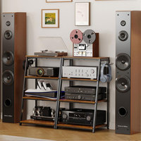 Support multimédia trapézoïdal à 4 niveaux en bois et métal avec crochets, étagère de rangement pour disques vinyles, étagère pour console de jeux pour la maison, le salon