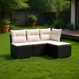 Ensemble de canapés de jardin en rotin PE noir avec pieds réglables, mobilier d'extérieur au design contemporain, coussins en mousse haute densité - Product Image 2