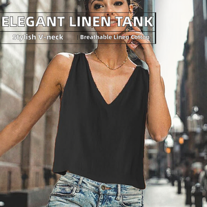 Custom Front Logo Short Cotton <b>Linen</b> Tank <b>Tops</b> Women Elegant V Neck Casual Summer Sleeveless Fashion Workout <b>vest</b> for women - Product Image 2