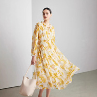 Robe longue 100 % soie de mûrier à imprimé floral pour femme, élégante, vintage, avec encolure à volants, taille haute, coupe trapèze, collection Printemps 2026