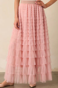 Falda maxi de tul con volantes escalonados, color rosa polvoriento, sostenible, transpirable, antiestática, con cintura natural, estilo casual. - Product Image 2