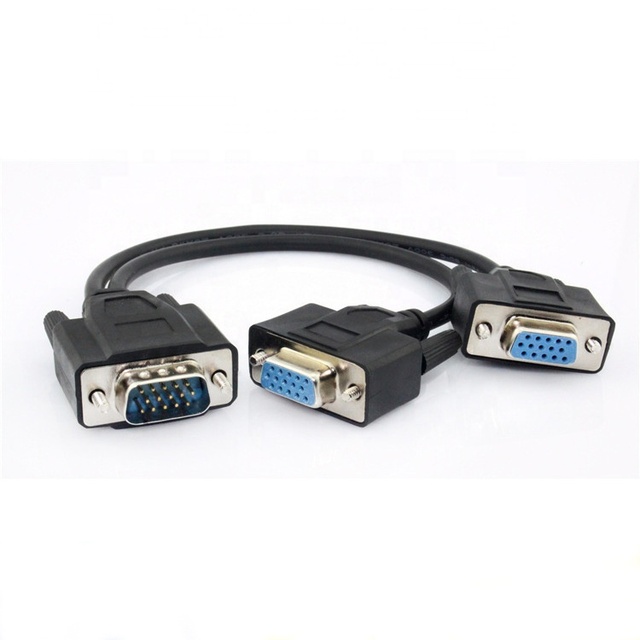 Nickel Plated HD15 VGA Black White PVC Male to 2*VGA Female AV Video Cables with Bare Copper Conductor Combination Shielding