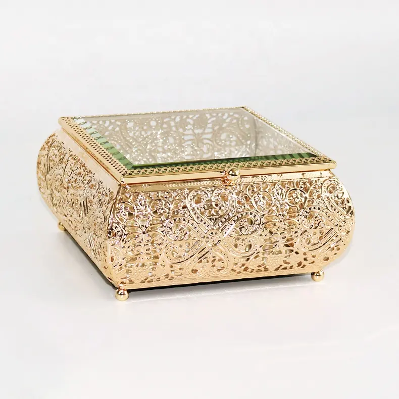 कस्टम हस्तनिर्मित विंटेज धातु फ्रेम कांच आभूषण मेकअप भंडारण घर सजावटी त्रिंकेत उपहार सोने गिलास गहने बॉक्स