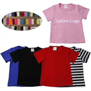 Custom Logo Cotton Fabric Solid Color Short Sleeve Girl T Shirt Full Length Summer Kids Top Casual Wear Children Clothes