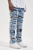 Jeans bleus pour hommes LILUO, jeans délavés et déchirés personnalisés, coupe slim, logo en cuir, streetwear