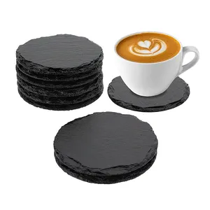 Wholesale Natural Round Square Hexagon 8pcs With Metal Holder Sublimation Blank Black Slate Coasters Set