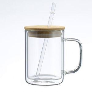 Verre transparent de haute qualité de 15 oz avec poignée, idéal pour la sublimation, pot à soda, tasse à lait avec couvercle en bambou – Vente en gros usine - Product Image 3
