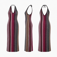 Robe maxi en tricot rayée multicolore bordeaux sur mesure pour femmes, col halter, sans manches, OEM ODM
