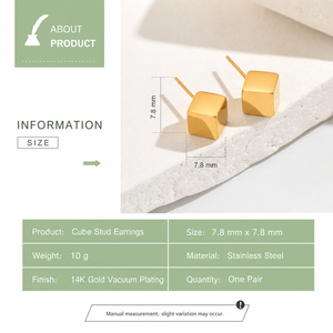 Pendientes de Acero Inoxidable con Baño de Oro de 14K, Diseño Geométrico Cuadrado Pulido, 7.8mm - Product Image 4