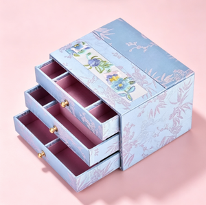 Boîte à bijoux ronde multicouche en carton rigide, motif floral en soie bleue de luxe, brodée, pour cadeau - Product Image 4