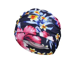 1PC Damen Multi Flowers Bedruckter Stoff Schwimmbad Sport Bade kappe Schützen Sie langes Haar Ohr Große Nylon Bade kappen Hut Turban