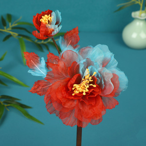 2024 New Original Design Handmade Antique <b>Hair</b> <b>Accessory</b>, Red and Blue Color Block Peony Perforated Flower <b>Hair</b> Clip, Hanfu - Product Image 2