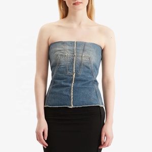 <span class=keywords><strong>Corset</strong></span> <span class=keywords><strong>bustier</strong></span> en jean sans bretelles, coupe évasée, délavage clair, bords effilochés, style vintage streetwear - Product Image 3