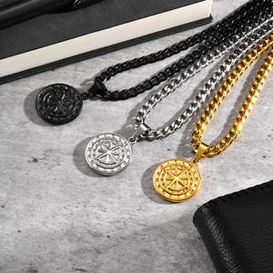 Vintage Non Tarnish Jewelry 316L Stainless Steel Base 14k 18k PVD Gold Plated <b>Men's</b> Charm <b>Compass</b> Coin <b>Necklace</b> Pendant for <b>Men</b> - Product Image 1