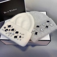 Bonnet en fourrure de lapin angora VISROVER brodé 3D pour femme, tricoté, orné de strass, motif à pois, idéal pour la plage et les affaires