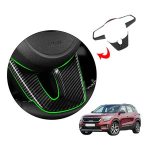 ABS Imitate Carbon Fiber Black Car Parts Interior Sticker Decorative Steering Wheel Cover Control Frame For KIA Seltos 2019