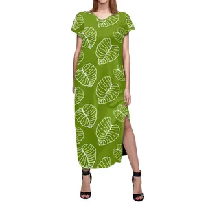 Custom Kalo Leaf Floral Print Mulheres Luxo Elegante Vestido De Noite De Fenda Vestidos Atacado Confortável Plus Size Casual Vestido Polinésio