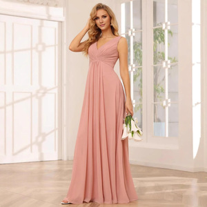 Bridesmaid Dress V Neck Empire Waist Long Satin Gown With Slit For Women - Product Image 4